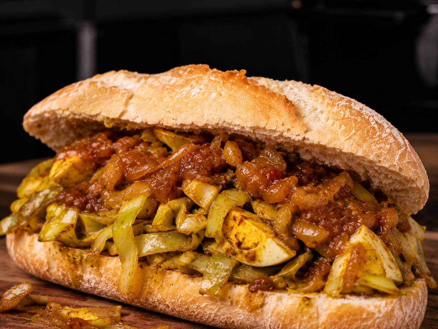 Een pistolet vol gewokte spitskool met partjes ei in gele massala, met de licht pittige uiensaus erover